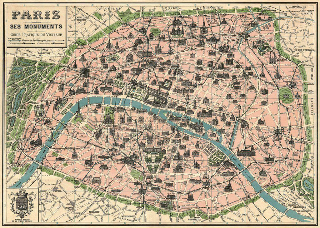 mapa de Paris, mostrando que passava um rio naquela cidade